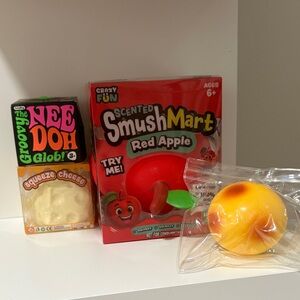 Scented Red Apple Squishy, Vaseline 0 bounce back cheese, Needoh Groovy Glob